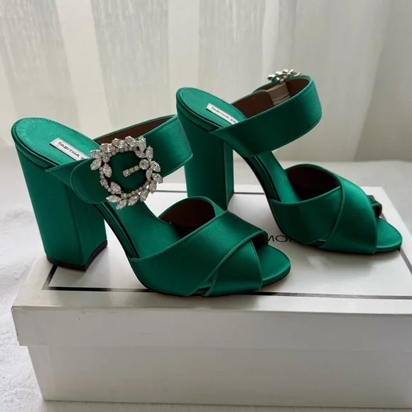 Tabitha Simmons Reyner Emerald Satin Crystal Buckle Block Heels Size 8 NWT RARE - Picture 7 of 16